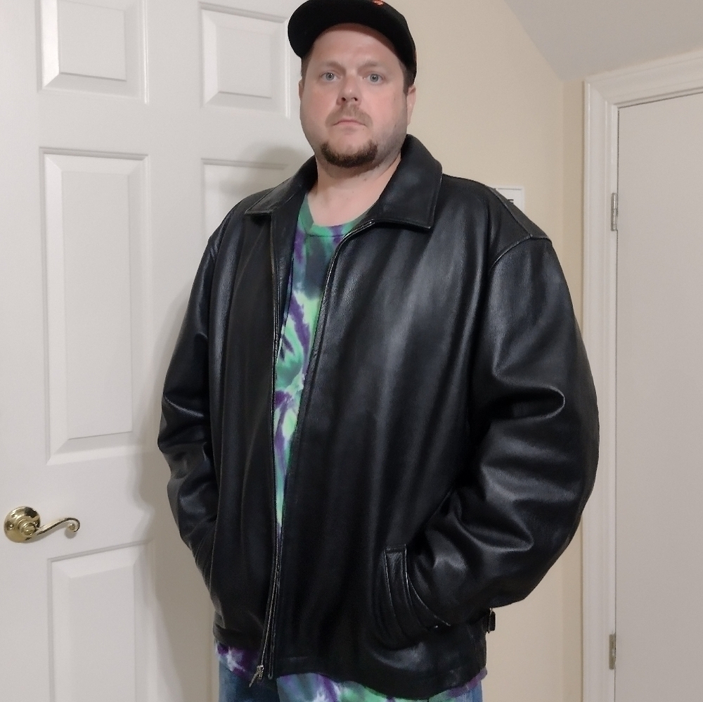 GAP Heavy Leather Jacket Mens XXL Black Zip Quilted Lining Bomber Biker Jacket